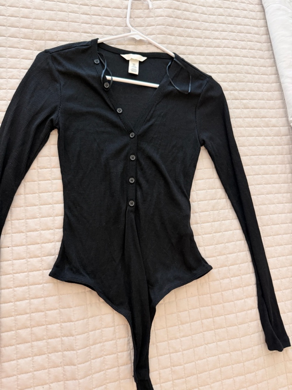 H&M Black Ribbed Long Sleeve Top with Button Placket